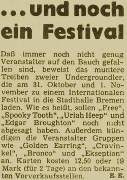 Newspaper announcement Festival Bremen with Golden Earring perfomance November 01, 1970